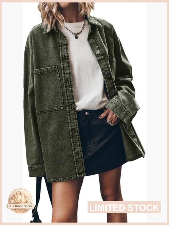 Jackets & Blazers - Oversized Denim Jacket Casual Button Up Shacket Long Sleeve Trendy Coat
